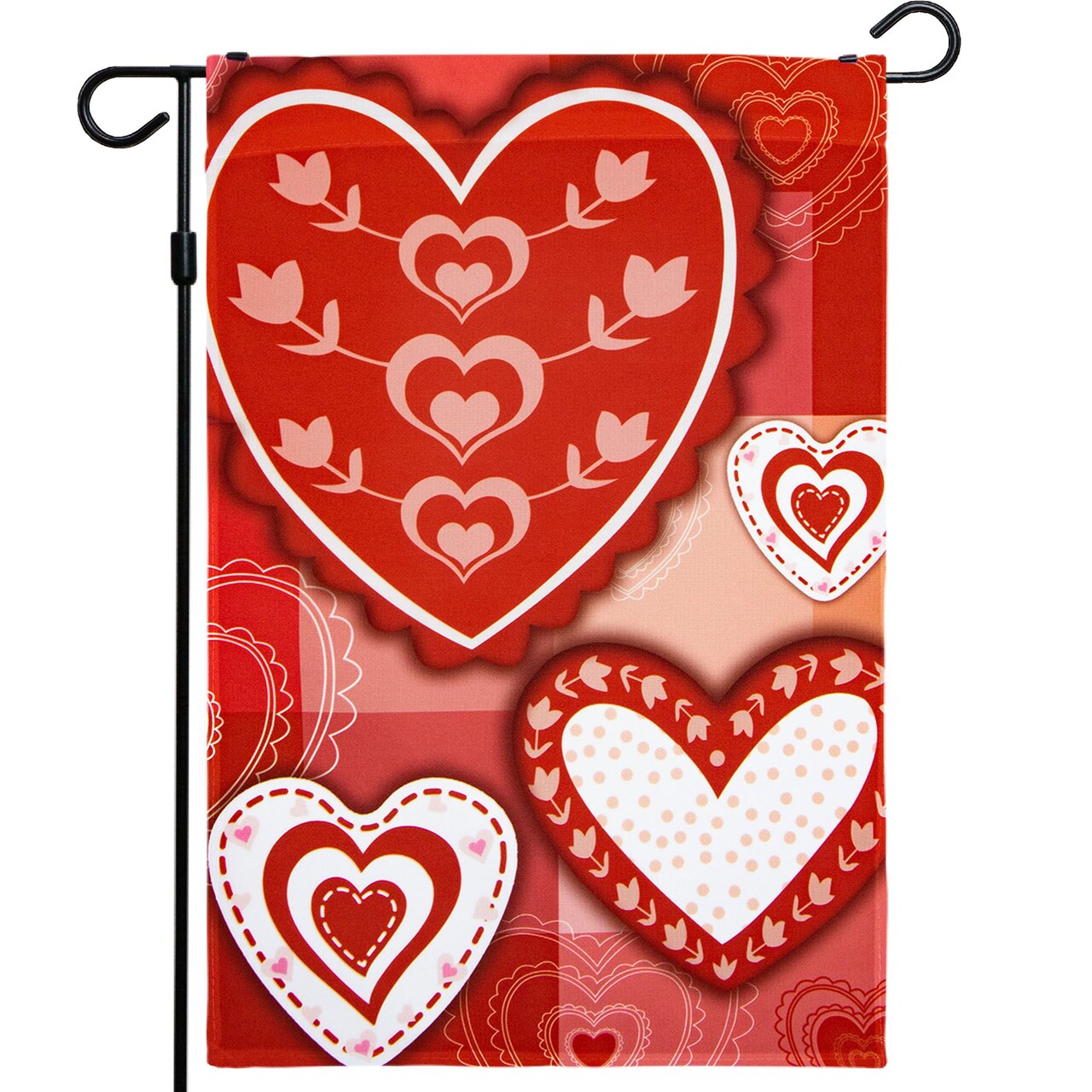 G128 - Valentine's Day Garden Flag, Valentine Themed Decorations - Patchwork Hearts, | 12x18 Inch | Printed 150D Polyester - Rustic Holiday Seasonal Outdoor Flag